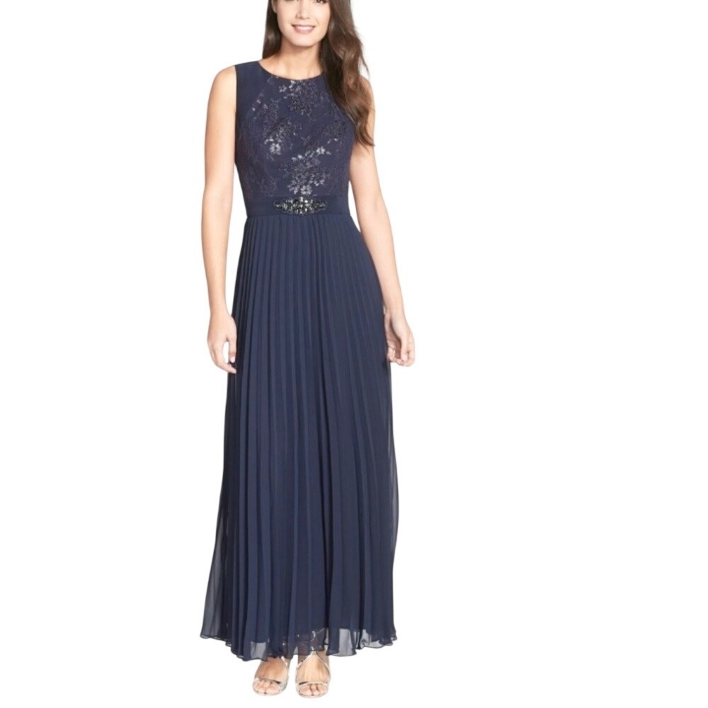 Patra‎ Lace Beaded Pleated Gown 8 Navy-Blue